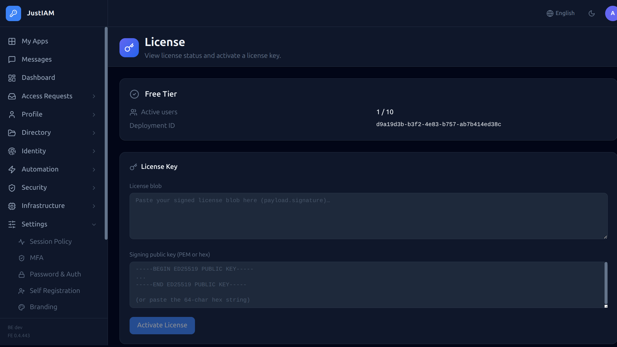 License settings page