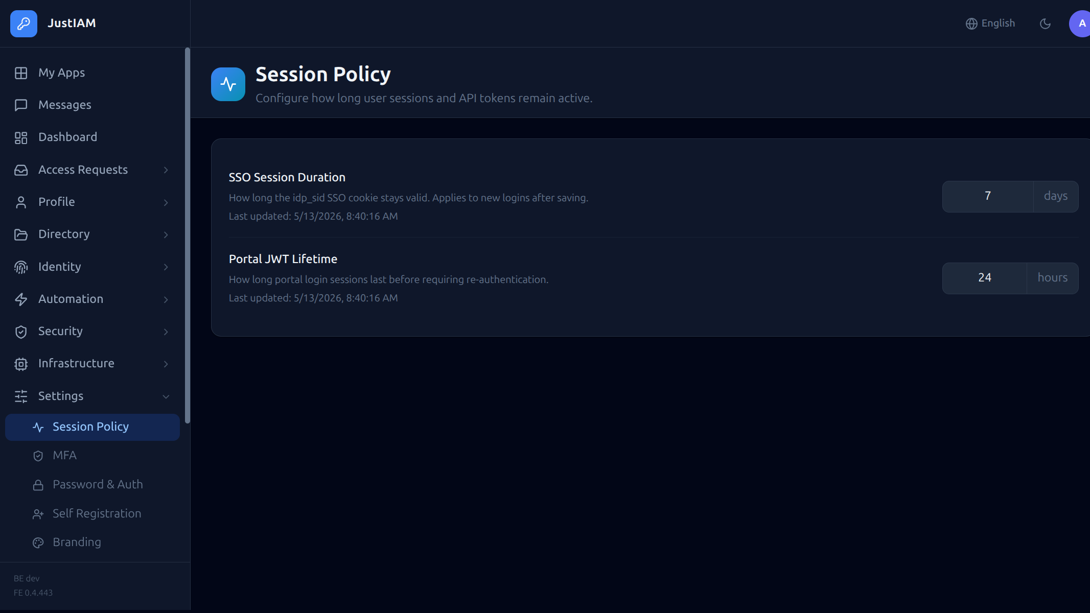 Settings page
