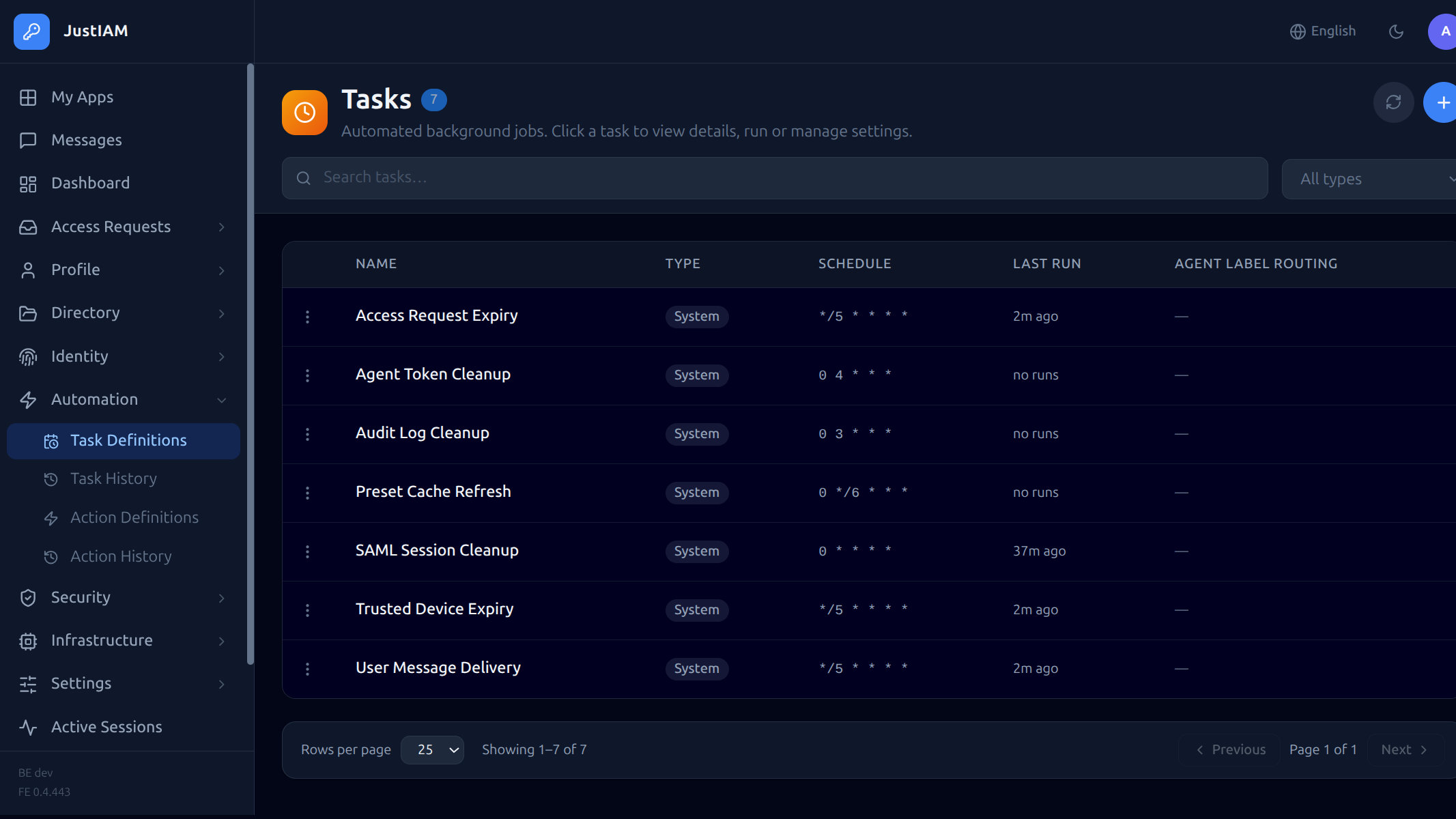 Scheduled Tasks page