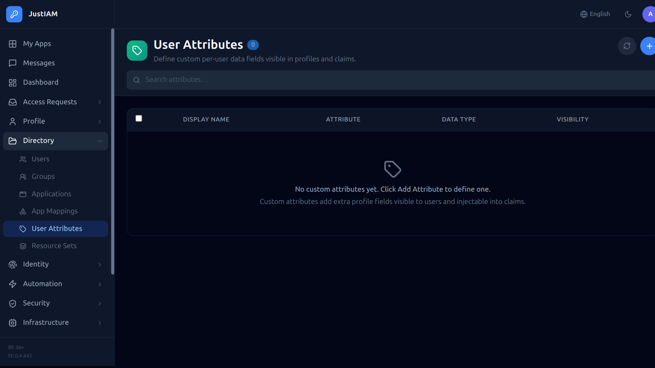 User Attributes page